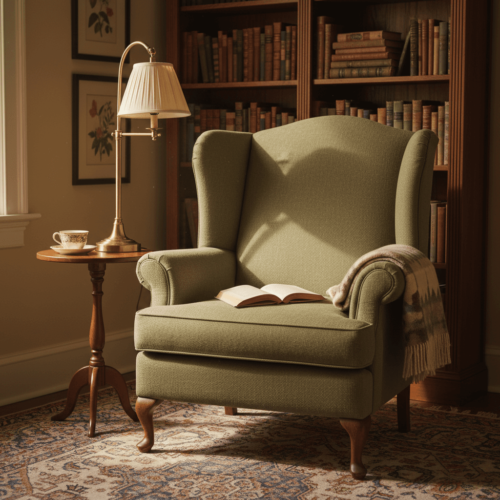 An inviting interior with a comfortable chair and reading lamp