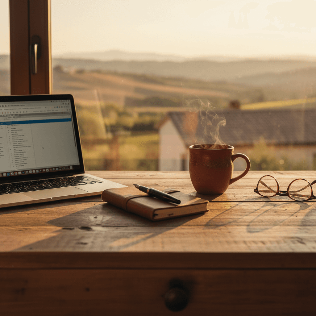 A warm writing desk at golden hour -- the contemplative space where the writing happens