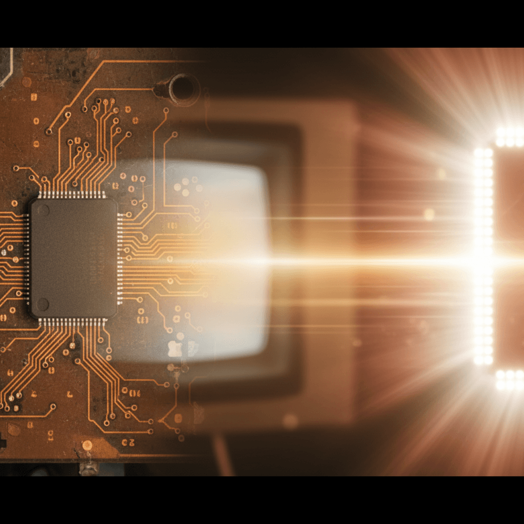 A layered abstract suggesting decades of technology evolution